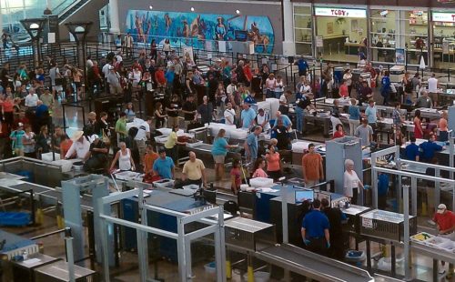 Crowded security area in the Denver airport.