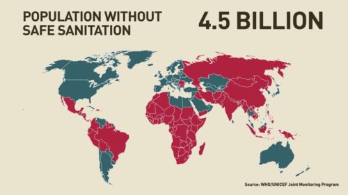 Highlighted map showing countries where 4.5 billion people without safe sanitation live.