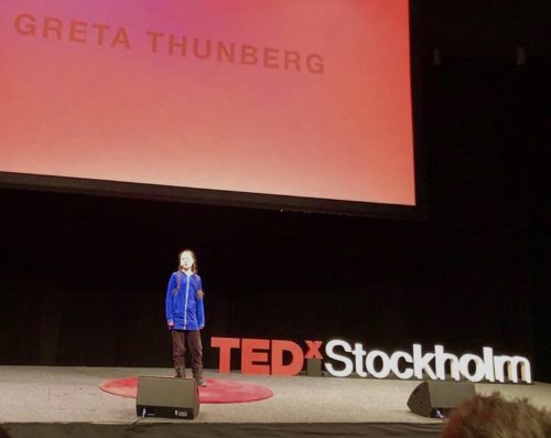 Greta giving a talk at TEDxStockholm.