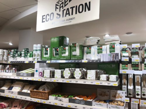 Plastic free eco-station in Thornton's Budgens.