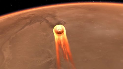 An artist's impression of InSight's Entry, Descent and Landing (EDL). Entry, descent, and landing (EDL) begins when the spacecraft reaches the Martian atmosphere, about 80 miles (about 128 kilometers) above the surface, and ends with the lander safe and sound on the surface of Mars six minutes later.