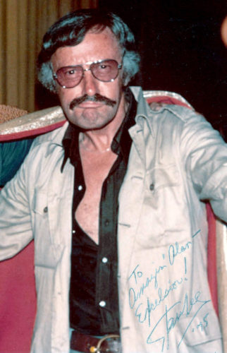 Photo of Stan Lee at the 1975 San Diego comic con, with the text "To amazin' Alan - Excelsior! Stan Lee '75"