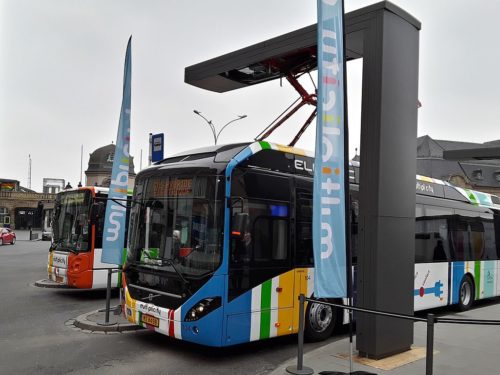 Volvo 7900 Electric Hybrid from AVL (Ville de Luxembourg) at fast charging station at Central Station in Luxembourg.