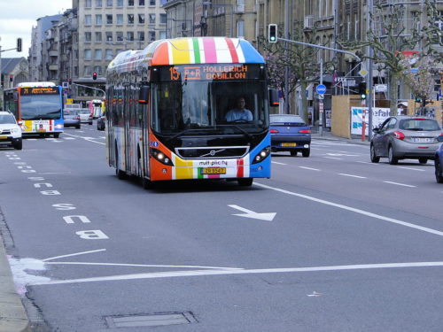 Buses and cars in Luxembourg traffic. Bus AVL (Autobus de la Ville de Luxembourg) #260 (ZR 9547).