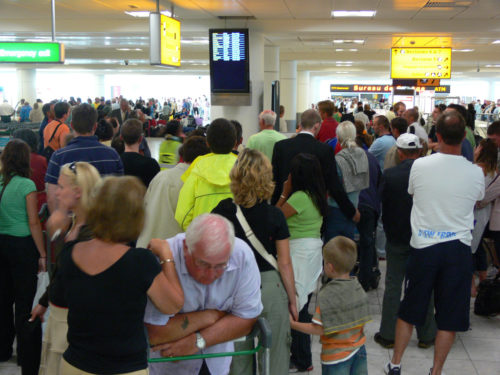 A scene of frustration at Gatwick airport as some passengers wait more than an hour for their luggage to appear