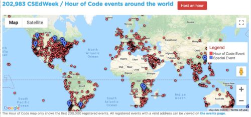 Map showing locations of over 200,000 Hour of Code events from 2018.