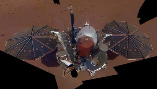 This is NASA InSight's first full selfie on Mars. It shows the lander's solar panels and deck. On top of the deck are its science instruments. The selfie was taken on Dec. 6, 2018.