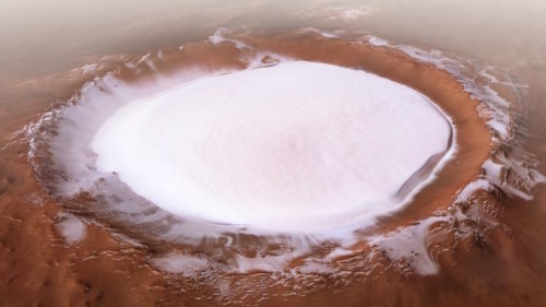 This perspective image from ESA’s Mars Express shows Korolev crater, an 82-kilometer-wide feature found in the northern lowlands of Mars.