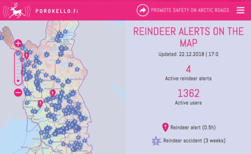 Screenshot of a Porokello map showing where reindeer have been spotted, as well as recent accidents involving reindeer.