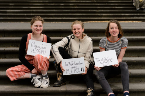 The protests were started by a few year 8 students in Castlemaine, Victoria: Milou Albrecht (left), Harriet O'Shea Carre (center), and Nimowei Johnson (right).