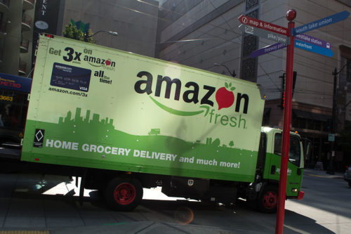 A delivery truck from Amazon Fresh on the streets of Seattle