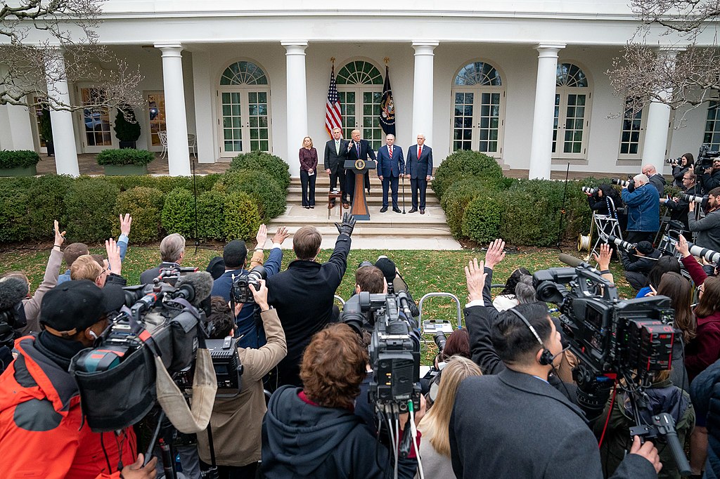 President Donald J. Trump, joined by Vice President Mike Pence, Secretary of Homeland Security Kristjen Nielsen, Congressman Kevin McCarthy, and Congressman Steve Scalise, addresses his remarks from the Rose Garden of the White House following his meeting with Congressional leadership in the Situation Room Wednesday, January 2, 2019.
