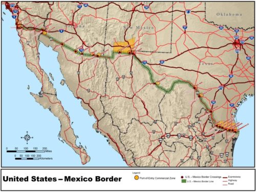 This map shows the 2000 mile (3200 kilometer) border between the US and Mexico.