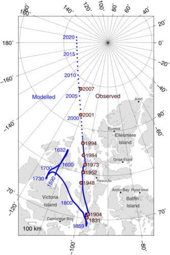 Map showing both recorded and modeled positions of North Magnetic Pole of the Earth. The modeled locations after 2015 are projections.