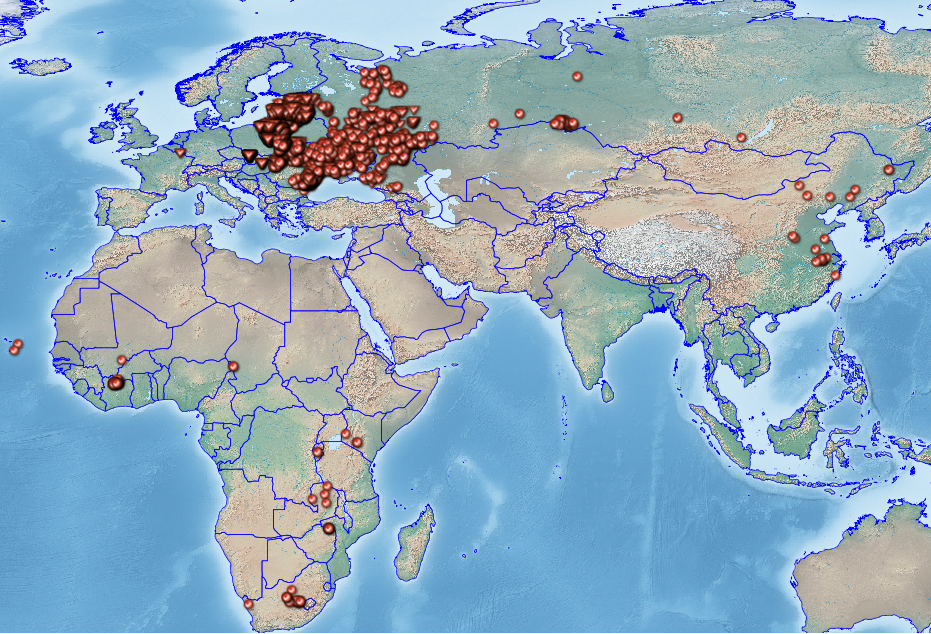 Map showing locations of African Swine Fever from 1.01.2018 to 22.09.2018