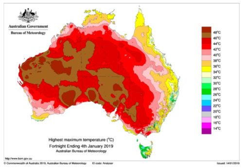 Temperature map of Australia from January 4, 2019.