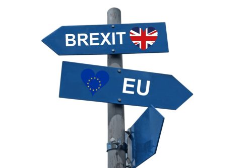 Post with signs pointing opposite ways for the UK and the EU.