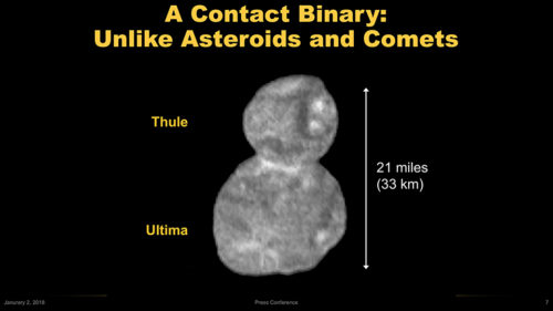 Image showing the contact binary Ultima Thule from a NASA press briefing.