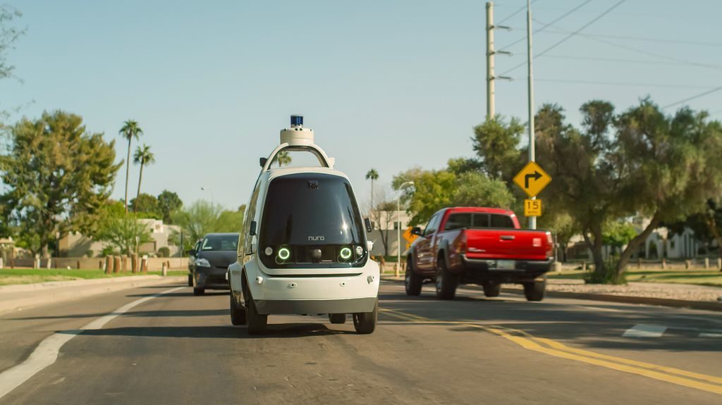 Nuro's R1 driving in traffic in Arizona.