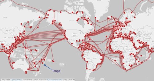 World map of submarine communication cables. cable data by Greg Mahlknecht (KML file released under GPLv3) as of 2015-07-21, world map by Openstreetmap contributors.