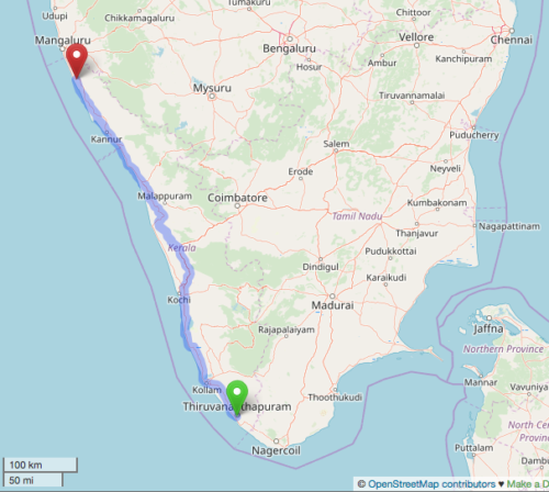 Map showing 385 mile line in Kerala, India where women formed a human chain.