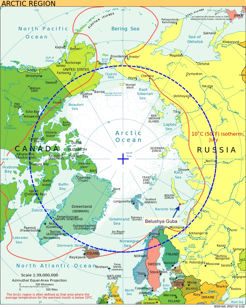 Map of the Arctic with the Arctic Circle in blue.