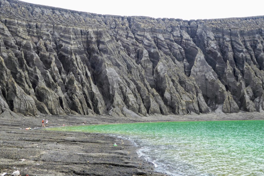 Deeply eroded gullies along the coastline.