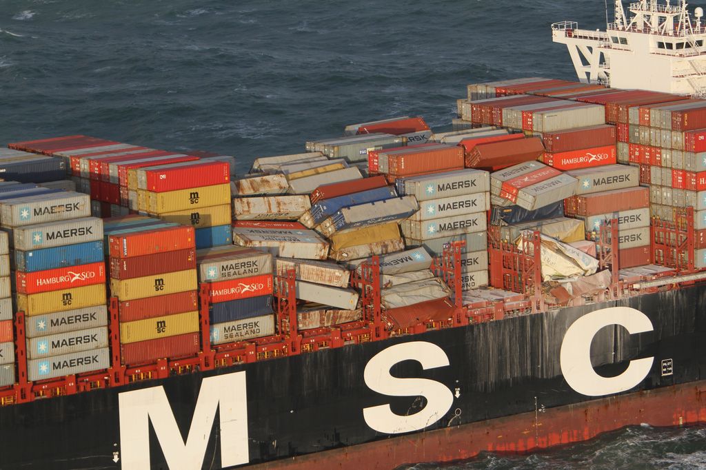 View of the smashed and disorganized containers left on the MSC Zoe.