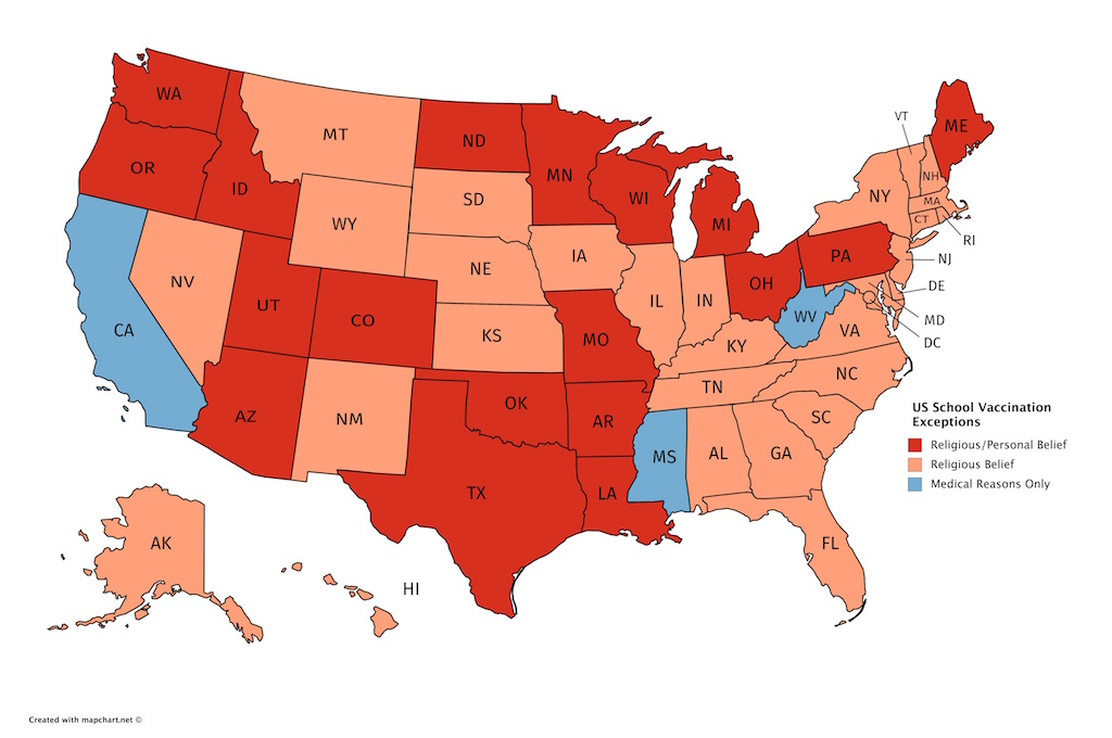 Map illustrating distribution of vaccination policies in US states.