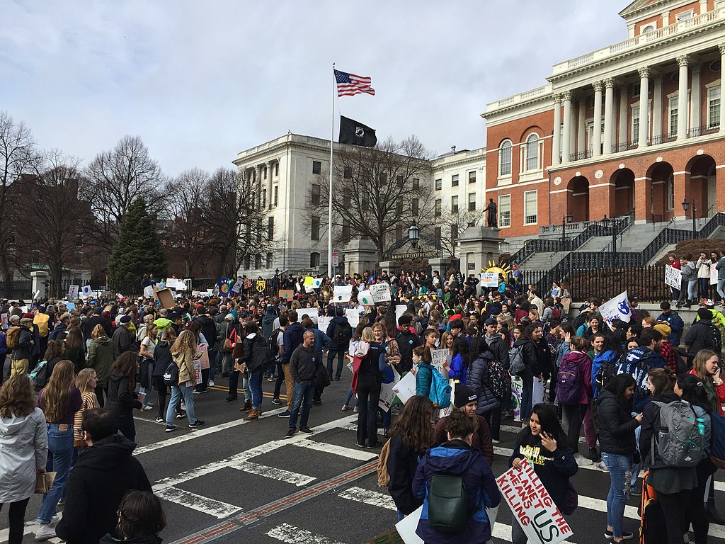 Student climate strike outside Massachusetts State House as part of a global day of student climate strikes on March 15, 2019.