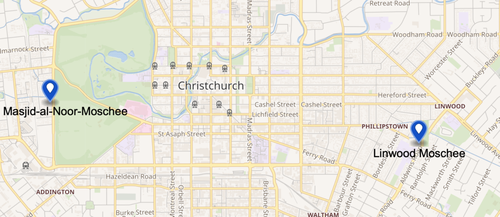 This map shows the location of the two mosques in Christchurch which were attacked.