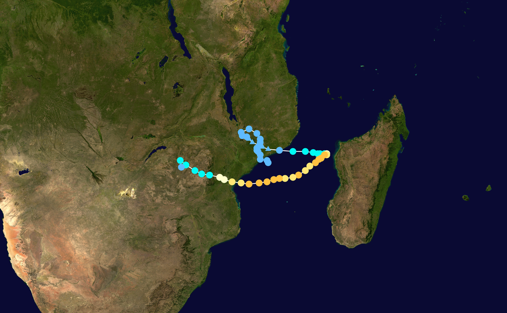 Track map of Intense Tropical Cyclone Idai of the 2018-19 South-West Indian Ocean cyclone season. The points show the location of the storm at 6-hour intervals. The colour represents the storm's maximum sustained wind speeds as classified in the Saffir–Simpson scale (see below), and the shape of the data points represent the nature of the storm, according to the legend below.