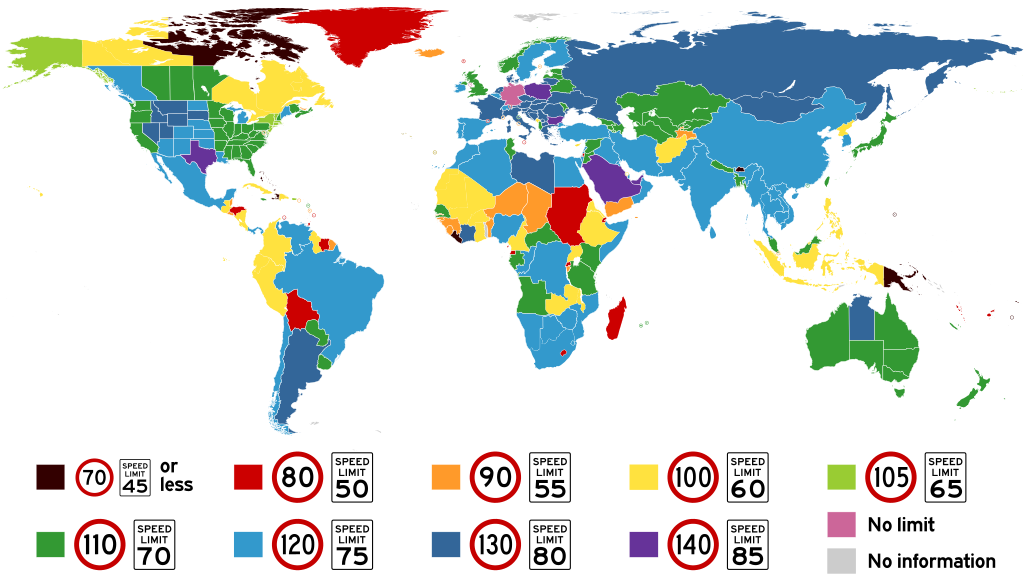 Highest posted speed limits around the world. In the key in the image, Vienna Convention standard signs indicate metric limits, and MUTCD standard signs indicate the equivalent imperial limits.