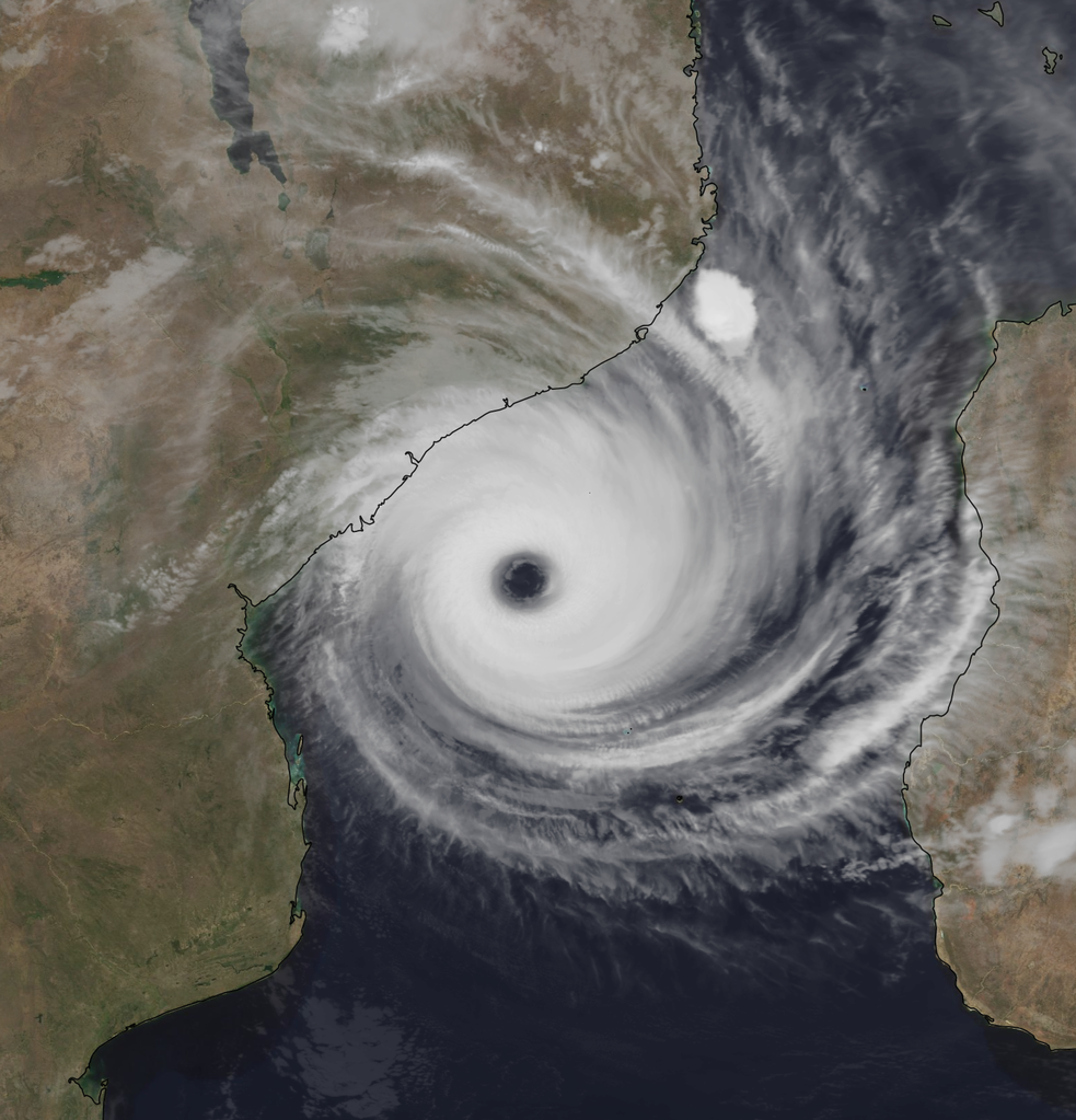 Satellite image of Cyclone Idai between Madagascar and mainland Africa, March 14, 2019. Cyclone Idai in the Mozambique Channel on 14 March 2019 at 20:16 UTC with a well defined eye and organized structure.