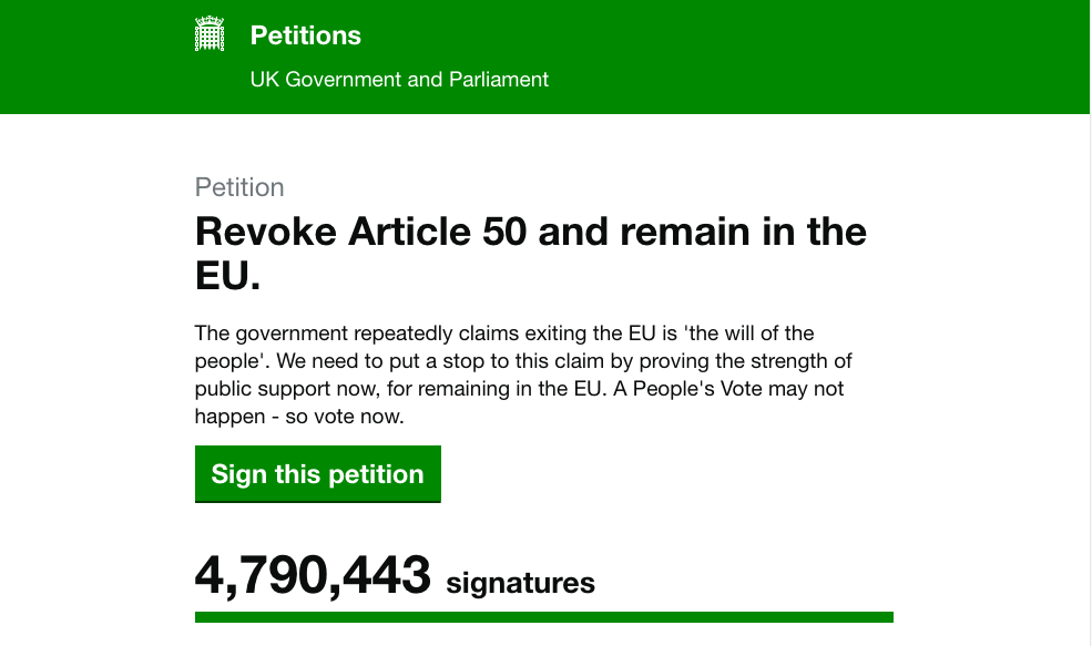 Screenshot of Brexit petition on parliament.uk website showing 4,790,443 signatures.