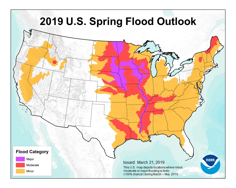 This map depicts the locations where there is a greater than 50-percent chance of major, moderate or minor flooding during March through May, 2019.