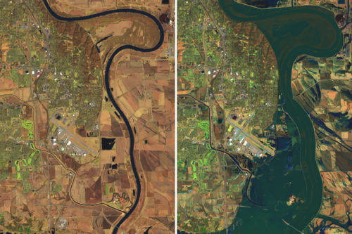 Aerial photo comparing Nebraska March 20, 2018 (Left) - March 16, 2019 (Right)