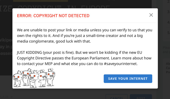 Reddit warning protesting European copyright directive. 