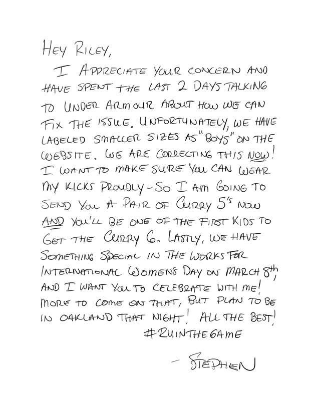 Stephen Curry's letter to Riley Morrison.