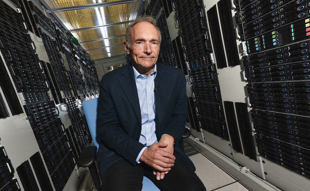 Portrait of Tim Berners Lee in a rack of the Computer Center