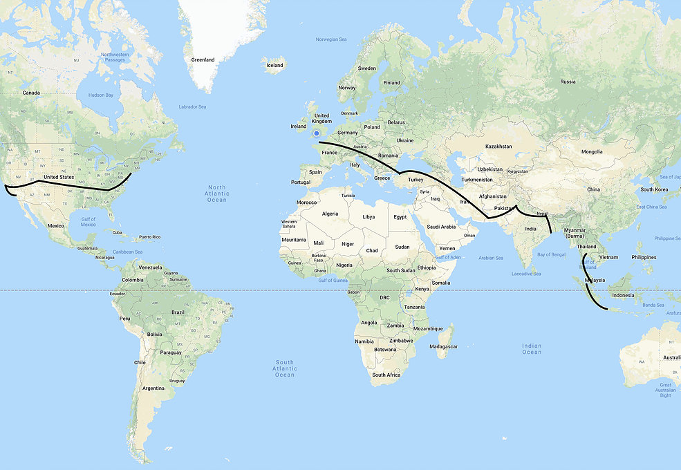 Map showing Charlie Condell's route around the world.