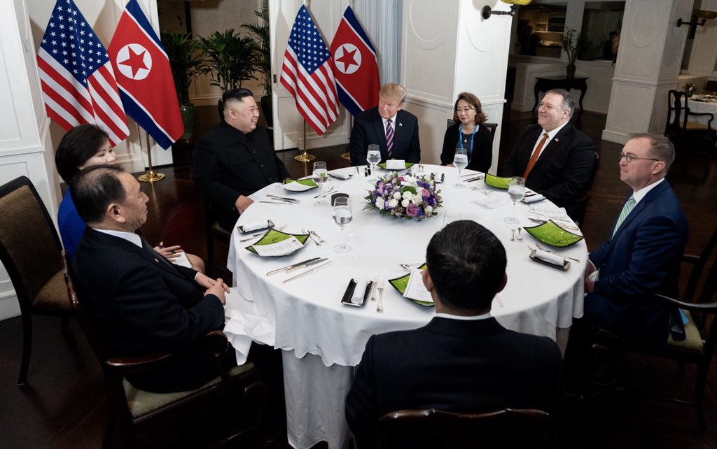 President DonaldTrump, Mike Pompeo, and White House Acting Chief of Staff Mick Mulvaney at dinner with Chairman Kim Jong-un and the DPRK delegation at the Sofitel Legend Metropole in Hanoi, Vietnam.