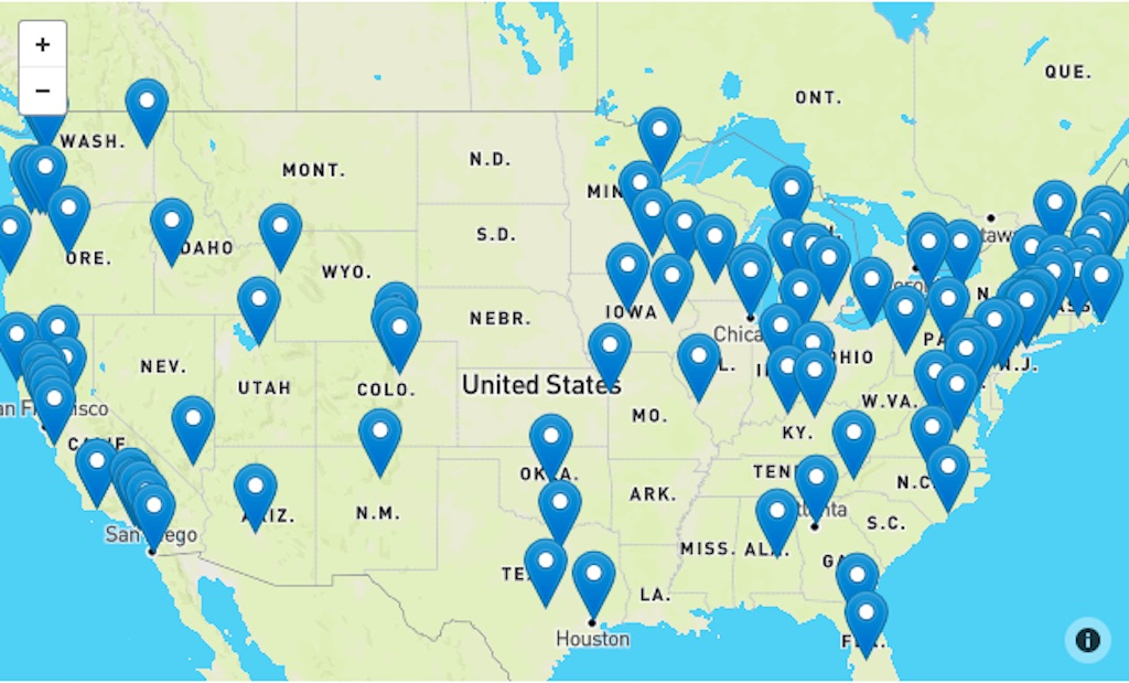 Map showing locations of US climate strike protests for March 15.