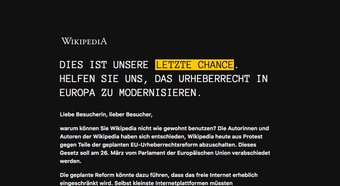 Screenshot of the letter that German Wikipedia showed to readers on Thursday instead of its regular website.