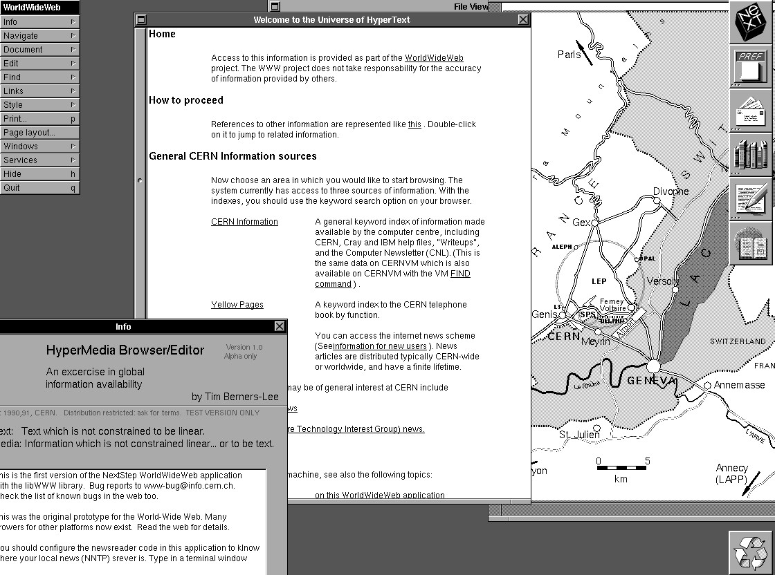 A screenshot showing the NeXT world wide web browser created by Tim Berners-Lee