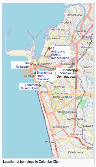 Location of the major bombs in Colombo during the Easter attacks.