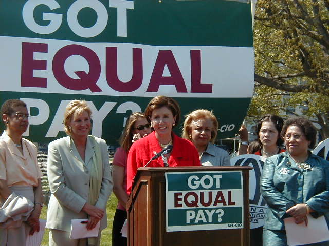 Congresswoman Pelosi speaking at a rally in support of the Paycheck Fairness Act hosted by the National Committee on Pay Equity.