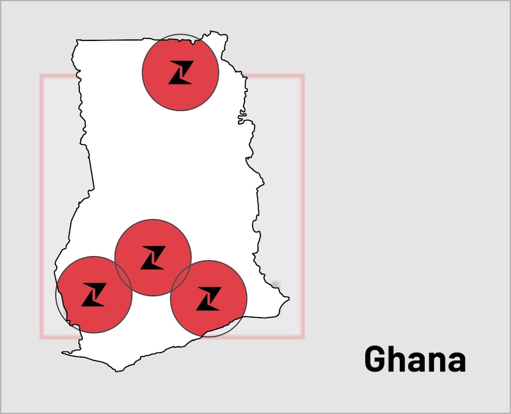 Map showing Zipline's four base stations in Ghana.