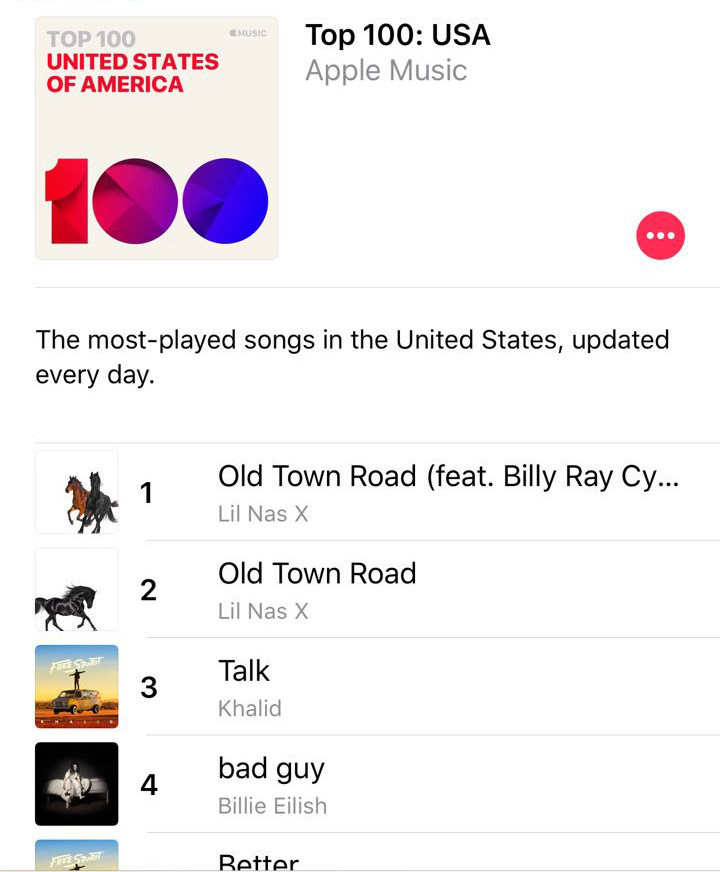 Screen shot of Old Town Road at number one on Apple music
