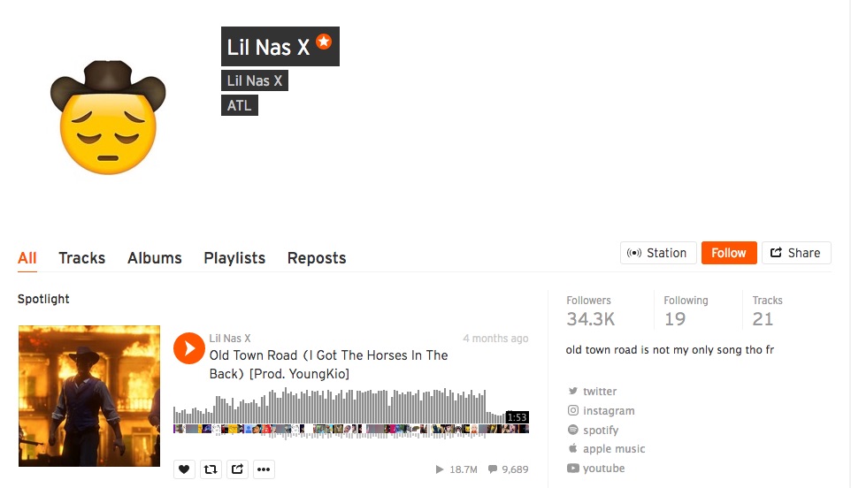 Screen shot of Lil Nas X's SoundCloud page
